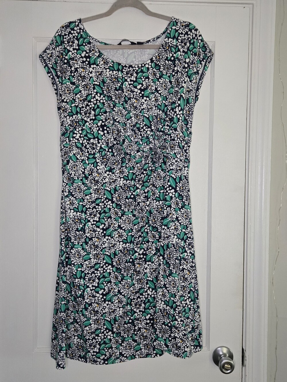 Lands' End Floral Summer Dress White Navy Green Women's Large